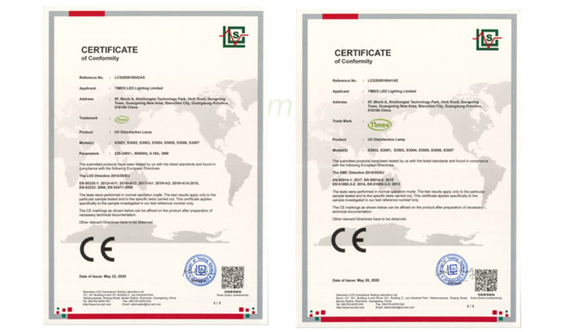 CE Certificates of Times' UVC Disinfection Light