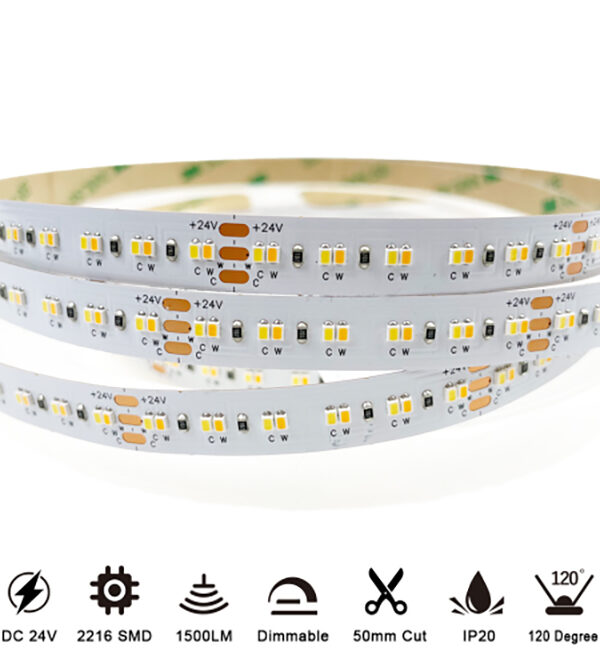 DC24V SMD2216 CCT Dual White 240-LED 10mm PCB 16.8W LED Strip Light