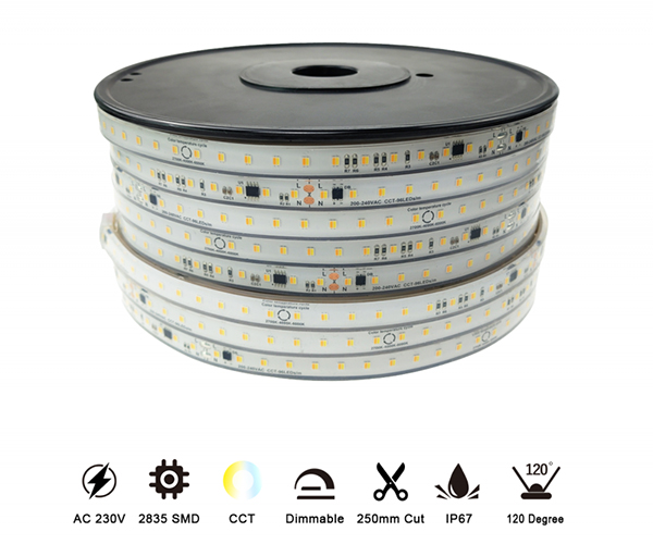 AC230V CCT Tunable LED Strip IP67 96pcs SMD2835 10W IP66 IP67 Waterproof